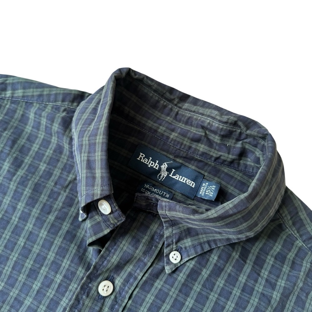 Ralph Lauren Navy and Green Plaid Button-Down Shirt Yarmouth 100% Cotton